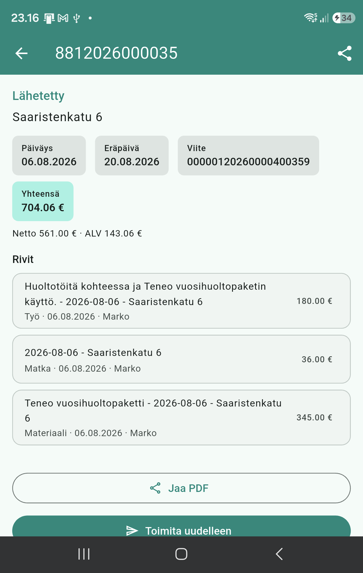 Päivän töistä syntynyt lasku 704,06 €
