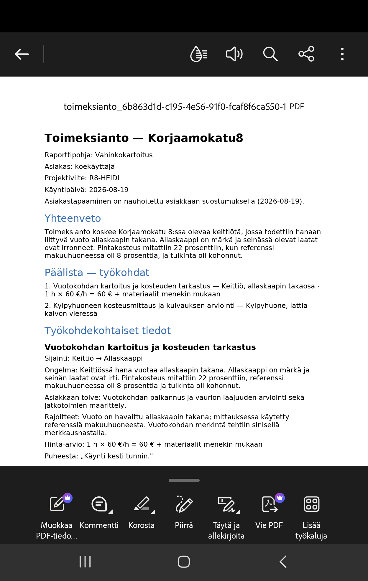 Toimeksiannon valmis PDF-muistio, Korjaamokatu 8
